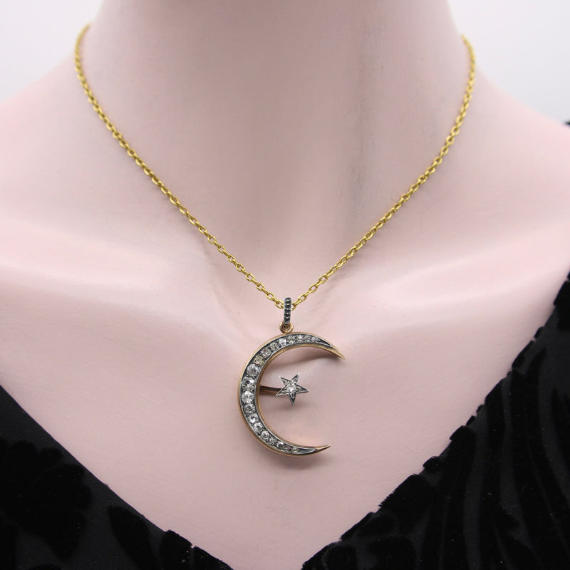 14K Gold Victorian Crescent Moon and Star Convertible Pendant Brooch Pendant, Charm Kirsten's Corner 