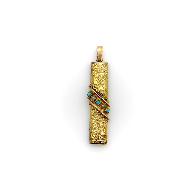 18K Gold Etruscan Revival Pendant w/ Turquoise & Pearls Pendant Kirsten's Corner Jewelry 