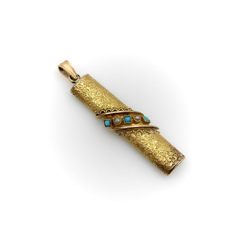18K Gold Etruscan Revival Pendant w/ Turquoise & Pearls Pendant Kirsten's Corner Jewelry 