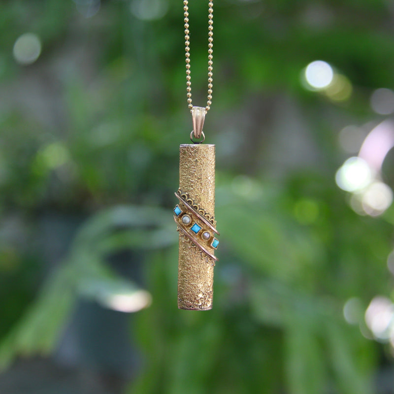 18K Gold Etruscan Revival Pendant w/ Turquoise & Pearls Pendant Kirsten's Corner Jewelry 