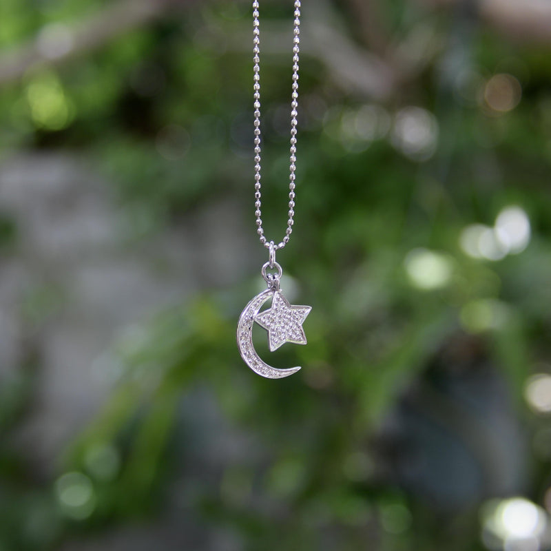 14K White Gold Moon and Star Diamond Necklace jewelry Kirsten's Corner 