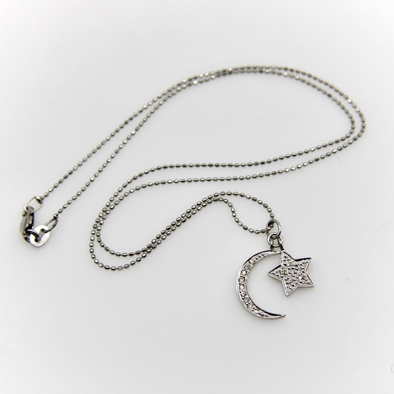 14K White Gold Moon and Star Diamond Necklace jewelry Kirsten's Corner 