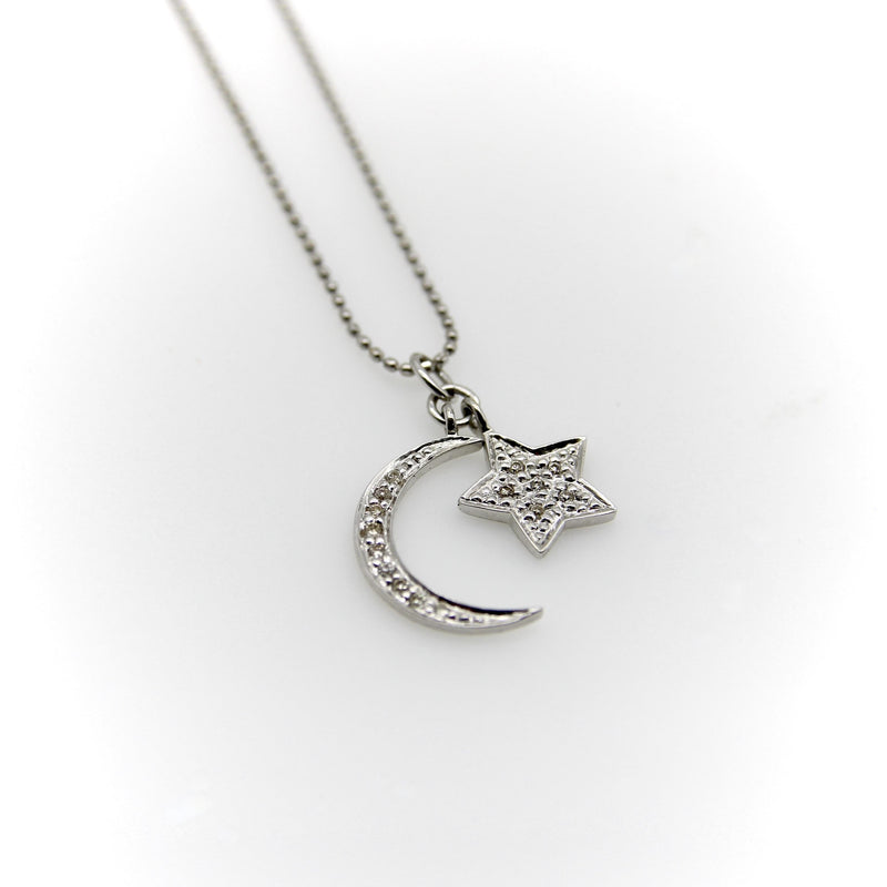 14K White Gold Moon and Star Diamond Necklace jewelry Kirsten's Corner 
