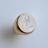 Vintage White Chalcedony Eagle Intaglio 14K Gold Signet Ring