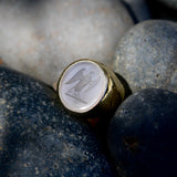 Vintage White Chalcedony Eagle Intaglio 14K Gold Signet Ring