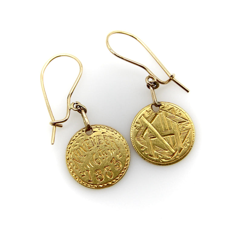 Victorian 22K Gold Hand Engraved Love Token Coin Earrings earrings Kirsten's Corner 