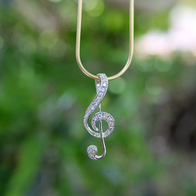 Vintage 18K White Gold Treble Clef Diamond Encrusted Pendant jewelry Kirsten's Corner 