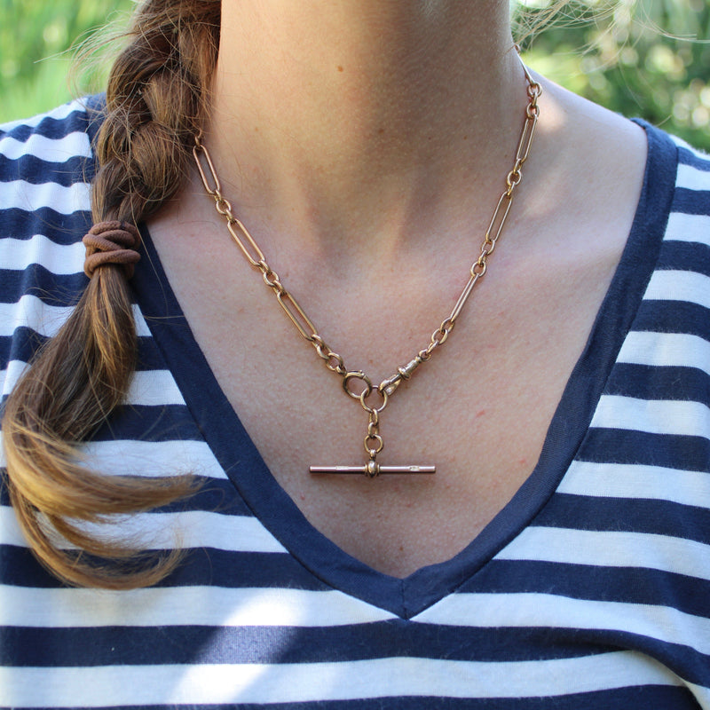 Victorian 9K Gold Trombone Link Chain with T-Bar, Spring Ring, and Dog Clip Chain Kirsten's Corner 