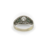 Art Deco Platinum Diamond Emerald and Pave Diamond Ring ring Kirsten's Corner 