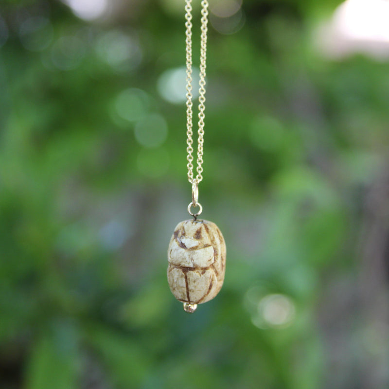 Egyptian Revival Tan Stone Scarab Pendant with 14K Gold Mount jewelry Kirsten's Corner 