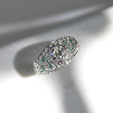 Art Deco Platinum Diamond Emerald and Pave Diamond Ring ring Kirsten's Corner 