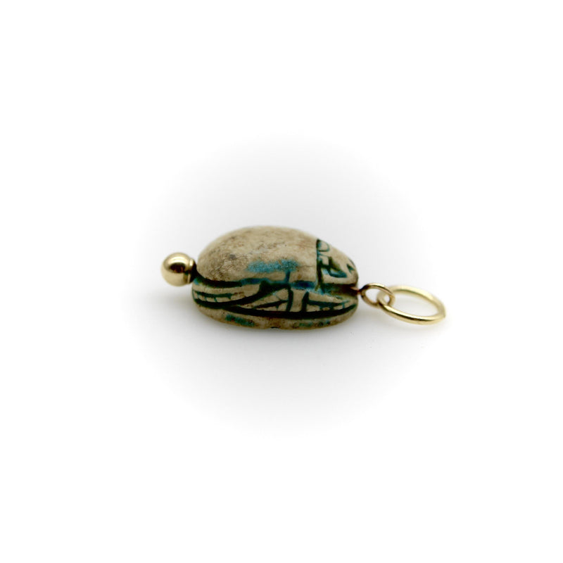Egyptian Revival Turquoise Wash Faience Scarab Pendant with 14K Gold Mount Pendant, Charm Kirsten's Corner 