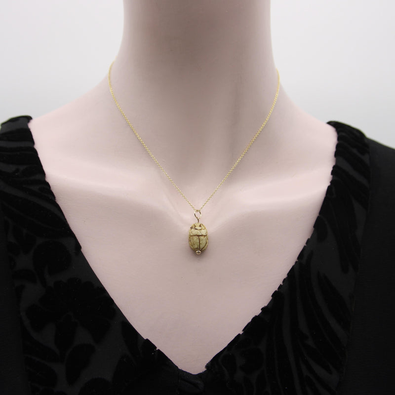 Egyptian Revival Tan Stone Scarab Pendant with 14K Gold Mount jewelry Kirsten's Corner 