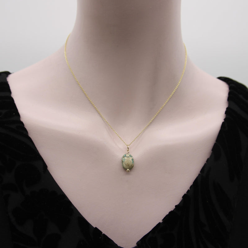 Egyptian Revival Turquoise Wash Faience Scarab Pendant with 14K Gold Mount Pendant, Charm Kirsten's Corner 