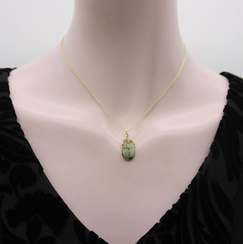 Egyptian Revival Turqoise Faience Scarab Pendant with 14K Gold Mount Pendant, Charm Kirsten's Corner 