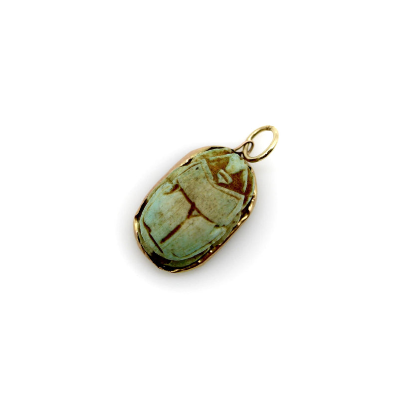 Egyptian Revival Turqoise Faience Scarab Pendant with 14K Gold Mount Pendant, Charm Kirsten's Corner 