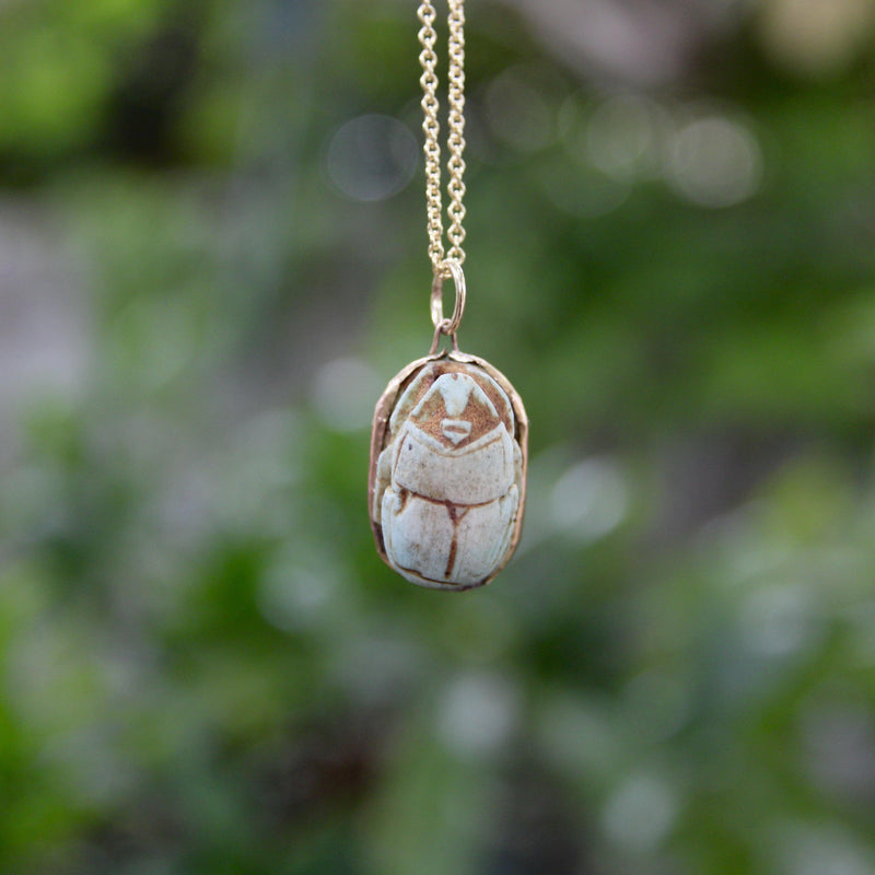 Egyptian Revival Turqoise Faience Scarab Pendant with 14K Gold Mount Pendant, Charm Kirsten's Corner 