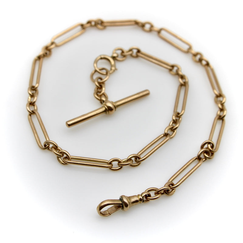 Victorian 9K Gold Trombone Link Chain with T-Bar, Spring Ring, and Dog Clip Chain Kirsten's Corner 