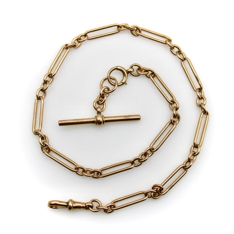 Victorian 9K Gold Trombone Link Chain with T-Bar, Spring Ring, and Dog Clip Chain Kirsten's Corner 