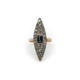 14K Gold Early Victorian Navette Ring with Pave Diamonds and Central Sapphire
