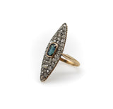 14K Gold Early Victorian Navette Ring with Pave Diamonds and Central Sapphire