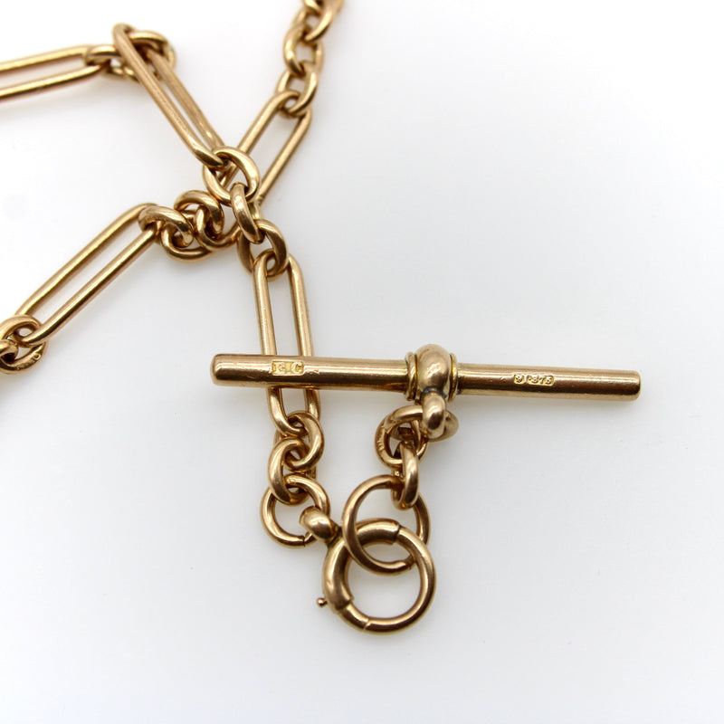 Victorian 9K Gold Trombone Link Chain with T-Bar, Spring Ring, and Dog Clip Chain Kirsten's Corner 