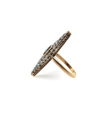 14K Gold Early Victorian Navette Ring with Pave Diamonds and Central Sapphire