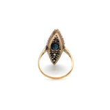 14K Gold Early Victorian Navette Ring with Pave Diamonds and Central Sapphire