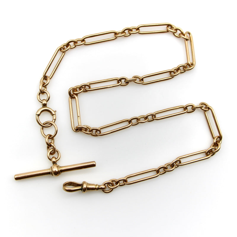 Victorian 9K Gold Trombone Link Chain with T-Bar, Spring Ring, and Dog Clip Chain Kirsten's Corner 