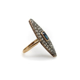 14K Gold Early Victorian Navette Ring with Pave Diamonds and Central Sapphire