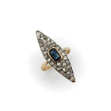 14K Gold Early Victorian Navette Ring with Pave Diamonds and Central Sapphire