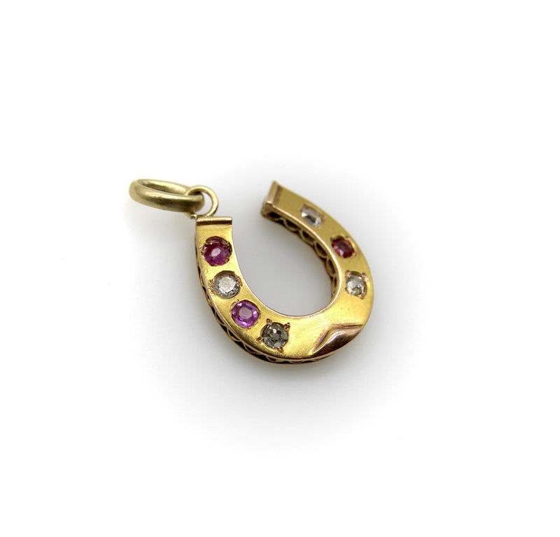 Victorian 18K Gold Diamond and Ruby Horseshoe Pendant Kirsten's Corner 