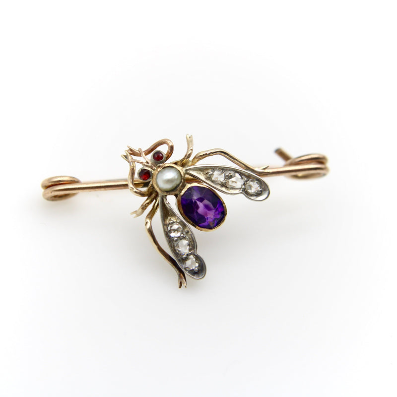 Victorian 12K Gold Diamond, Amethyst, Pearl, and Garnet Fly Brooch Brooches, Pins Kirsten's Corner 