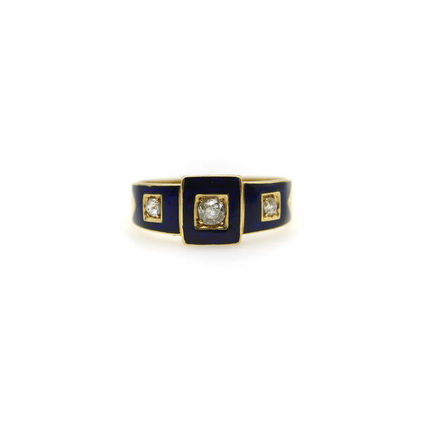 18K Gold Early Victorian Diamond Trilogy Ring with Blue Enamel Details Ring Kirsten's Corner 
