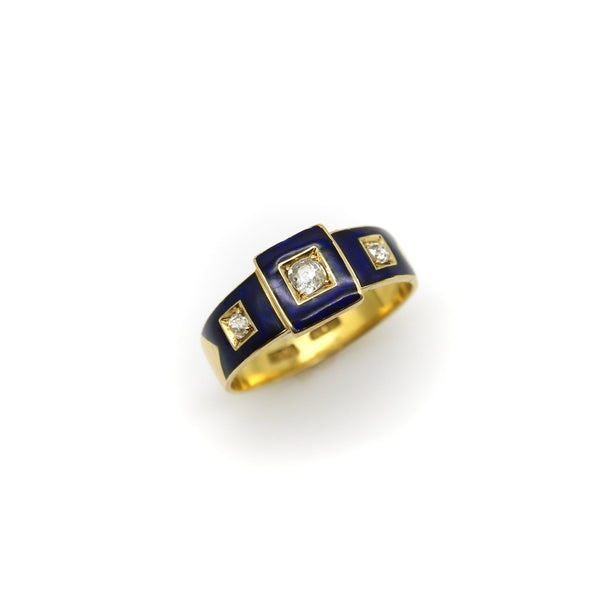 18K Gold Early Victorian Diamond Trilogy Ring with Blue Enamel Details Ring Kirsten's Corner 