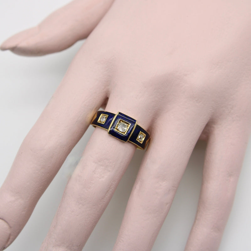 18K Gold Early Victorian Diamond Trilogy Ring with Blue Enamel Details Ring Kirsten's Corner 