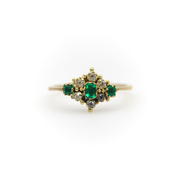 18K Gold Victorian Delicate Old Mine Cut Diamond and Emerald Ring Ring Kirsten's Corner 