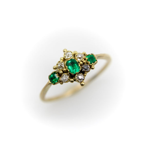 18K Gold Victorian Delicate Old Mine Cut Diamond and Emerald Ring Ring Kirsten's Corner 