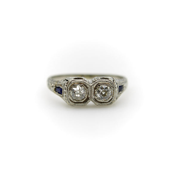 18K Gold Edwardian/Art Deco Two Stone Diamond Ring with Sapphires Ring Kirsten's Corner Jewelry 