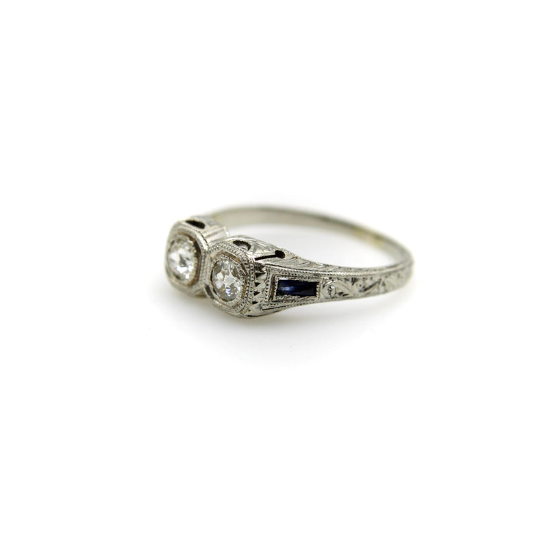 18K Gold Edwardian/Art Deco Two Stone Diamond Ring with Sapphires Ring Kirsten's Corner Jewelry 