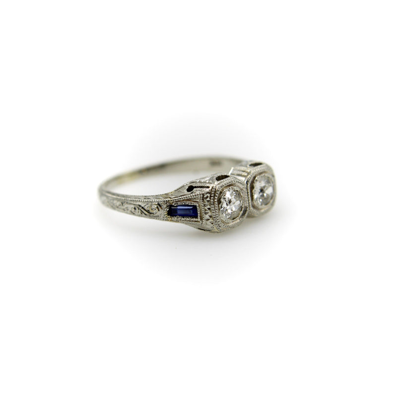 18K Gold Edwardian/Art Deco Two Stone Diamond Ring with Sapphires Ring Kirsten's Corner Jewelry 