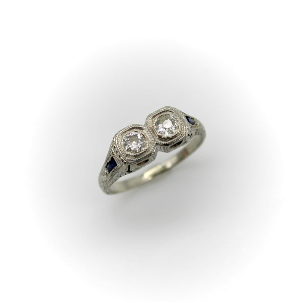 18K Gold Edwardian/Art Deco Two Stone Diamond Ring with Sapphires Ring Kirsten's Corner Jewelry 