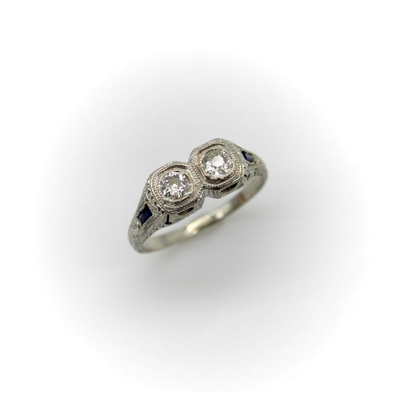 18K Gold Edwardian/Art Deco Two Stone Diamond Ring with Sapphires Ring Kirsten's Corner Jewelry 