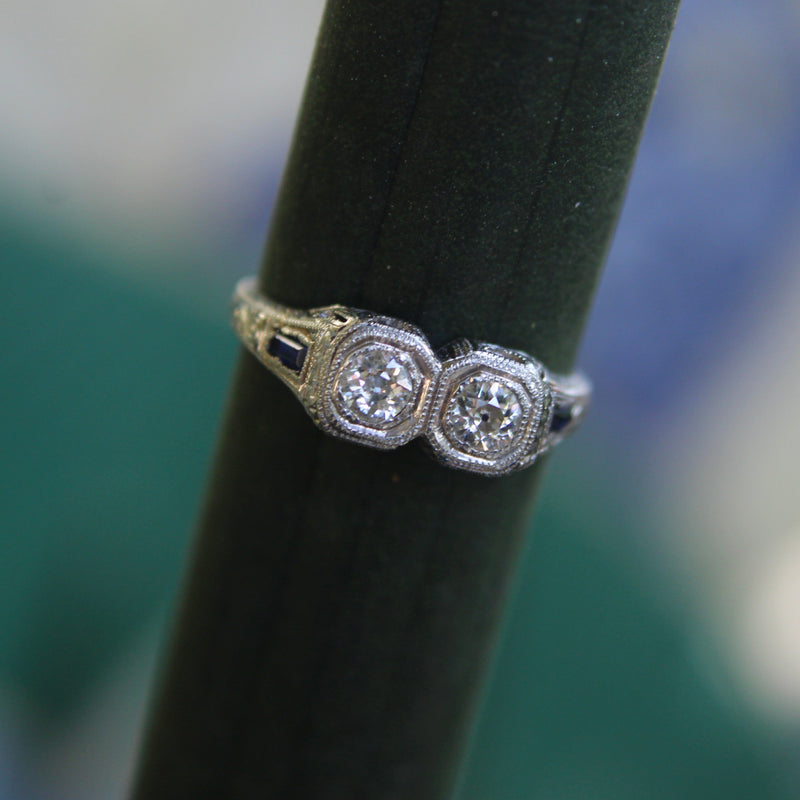 18K Gold Edwardian/Art Deco Two Stone Diamond Ring with Sapphires Ring Kirsten's Corner Jewelry 