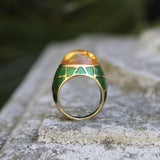 Vintage 18K Gold Citrine Cabochon and Green Enamel Roberto Legnazzi Ring ring Kirsten's Corner 