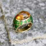 Vintage 18K Gold Citrine Cabochon and Green Enamel Roberto Legnazzi Ring ring Kirsten's Corner 