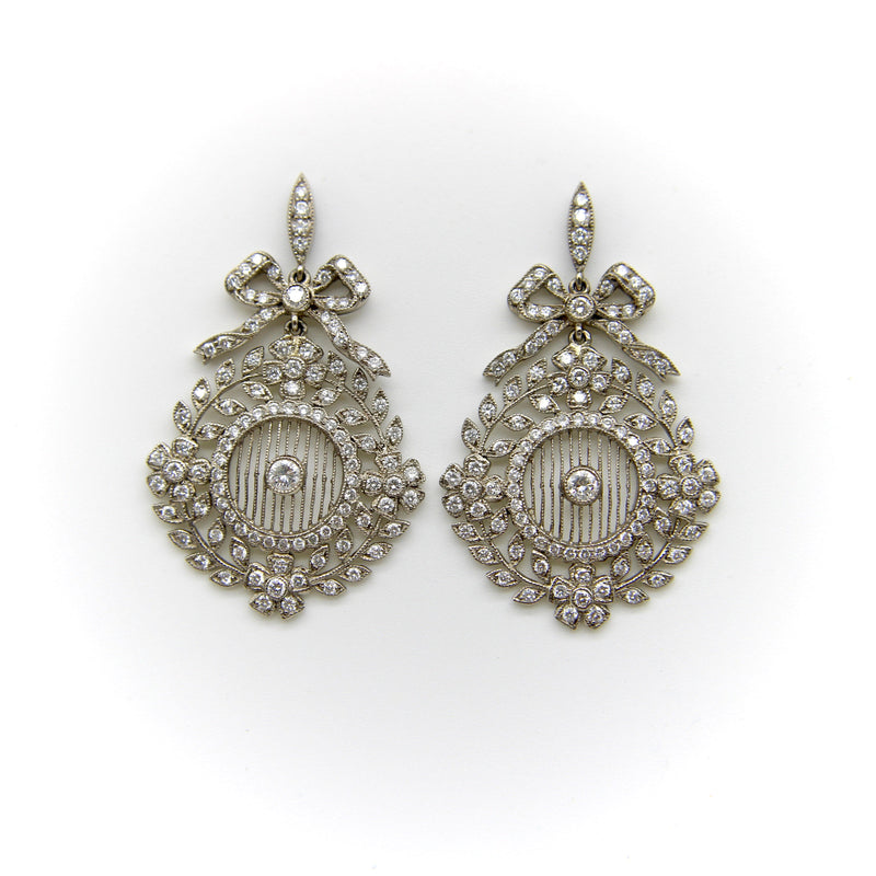 Edwardian 18K White Gold Pave Diamond Earrings with Bows and Floral Medallions Earrings Kirsten's Corner 