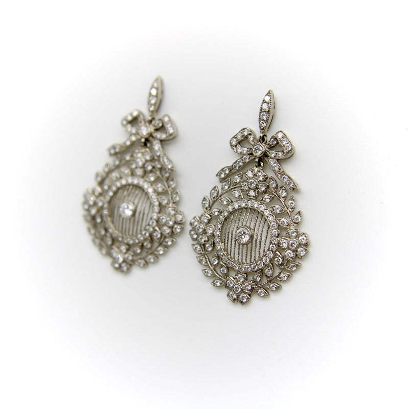 Edwardian 18K White Gold Pave Diamond Earrings with Bows and Floral Medallions Earrings Kirsten's Corner 
