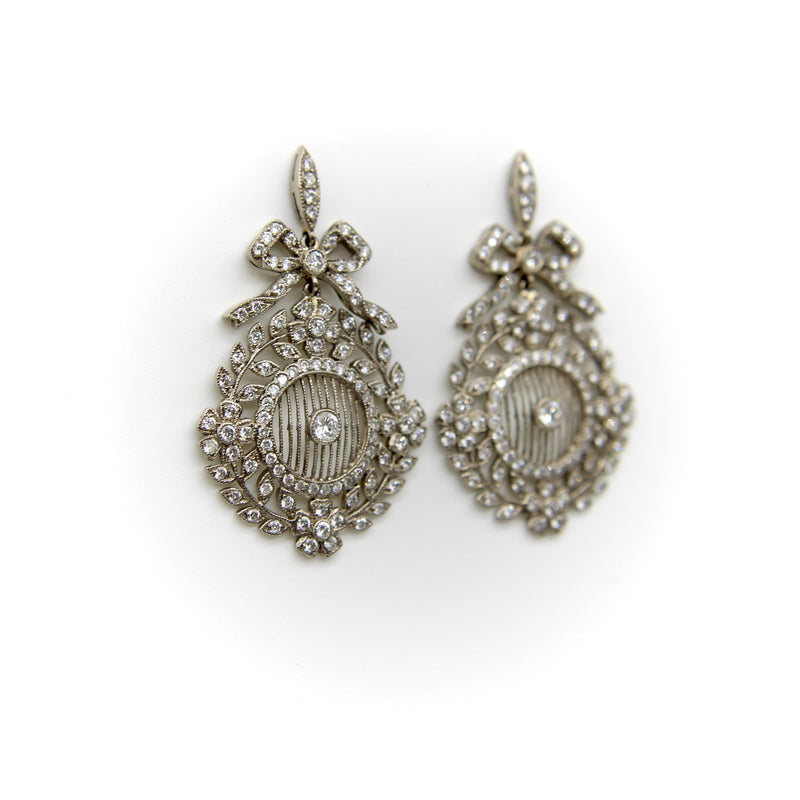 Edwardian 18K White Gold Pave Diamond Earrings with Bows and Floral Medallions Earrings Kirsten's Corner 