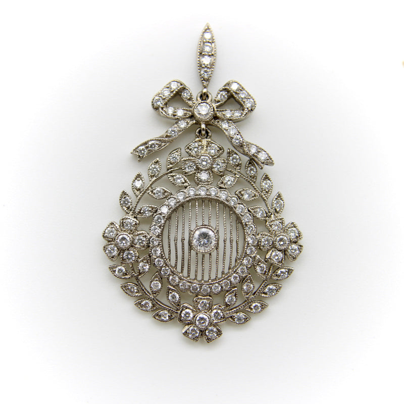 Edwardian 18K White Gold Pave Diamond Earrings with Bows and Floral Medallions Earrings Kirsten's Corner 